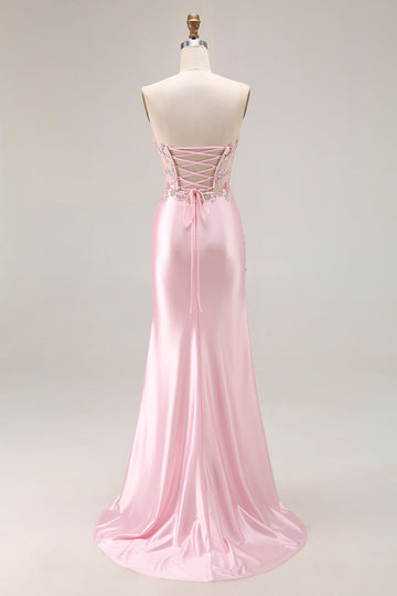 Pink Strapless Mermaid Corset Appliqued Sequin Long Prom Dress With Slit